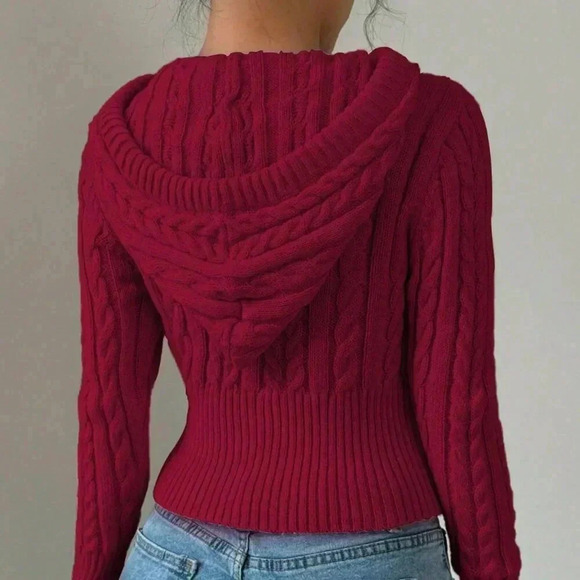 Red Casual Women's Plain Zippered Hooded Drawstring Cardigan - Picture 2 of 5